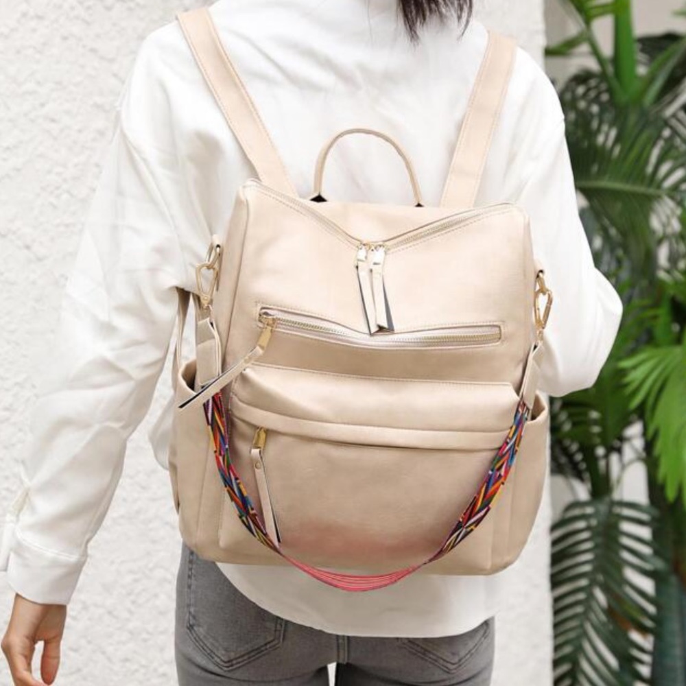 Beige vegan leather Zipper Detail Mini Backpacks